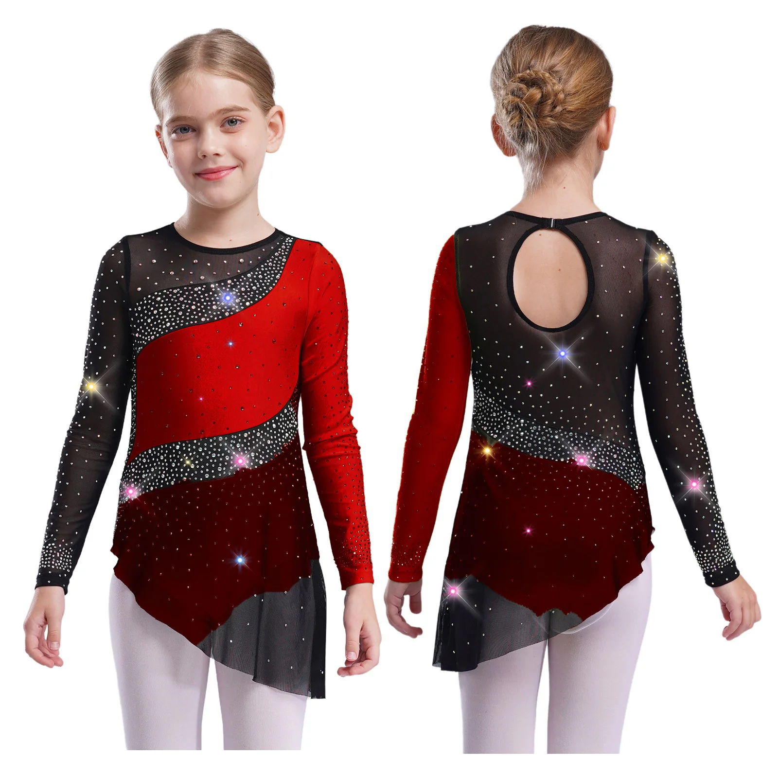 

Kids Girls Ballet Dance Leotard Dress Color Block Design Long Sleeve Sheer Mesh Rhinestones Gymnastics Modern Dance Costume