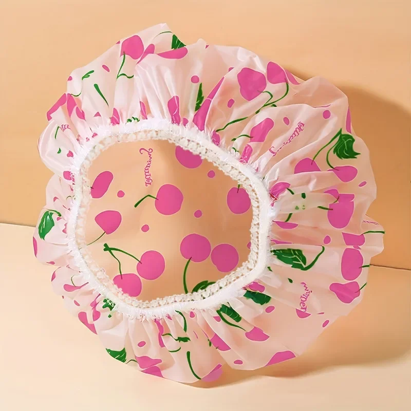

Cute Cherry / Heart Print Shower Cap Adjustable Bath Hat with Elastic Band Bathroom Supplies