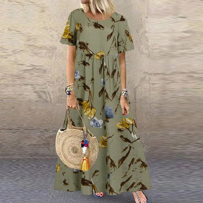 Vintage Floral Print Short Sleeve Round Neck Dress