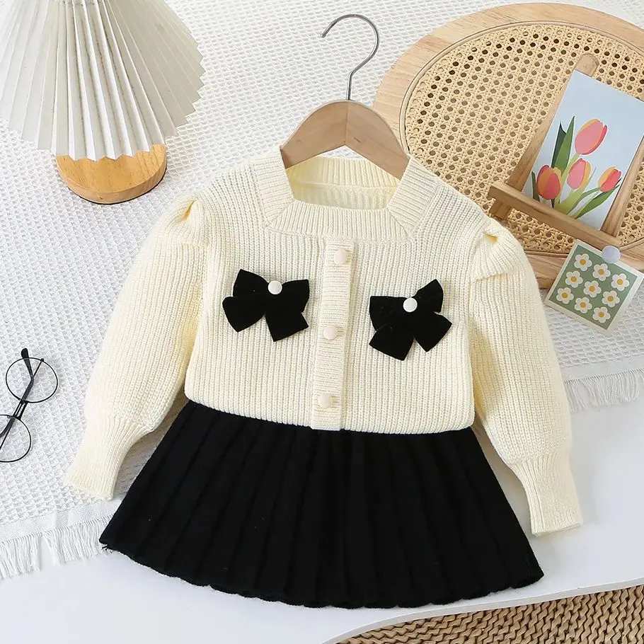 

Fashion Autumn Winter Two-Piece Toddlers Girls Clothes Set Bow Knitted Sweater Tops With Pleated Skirt For Children's Clothing