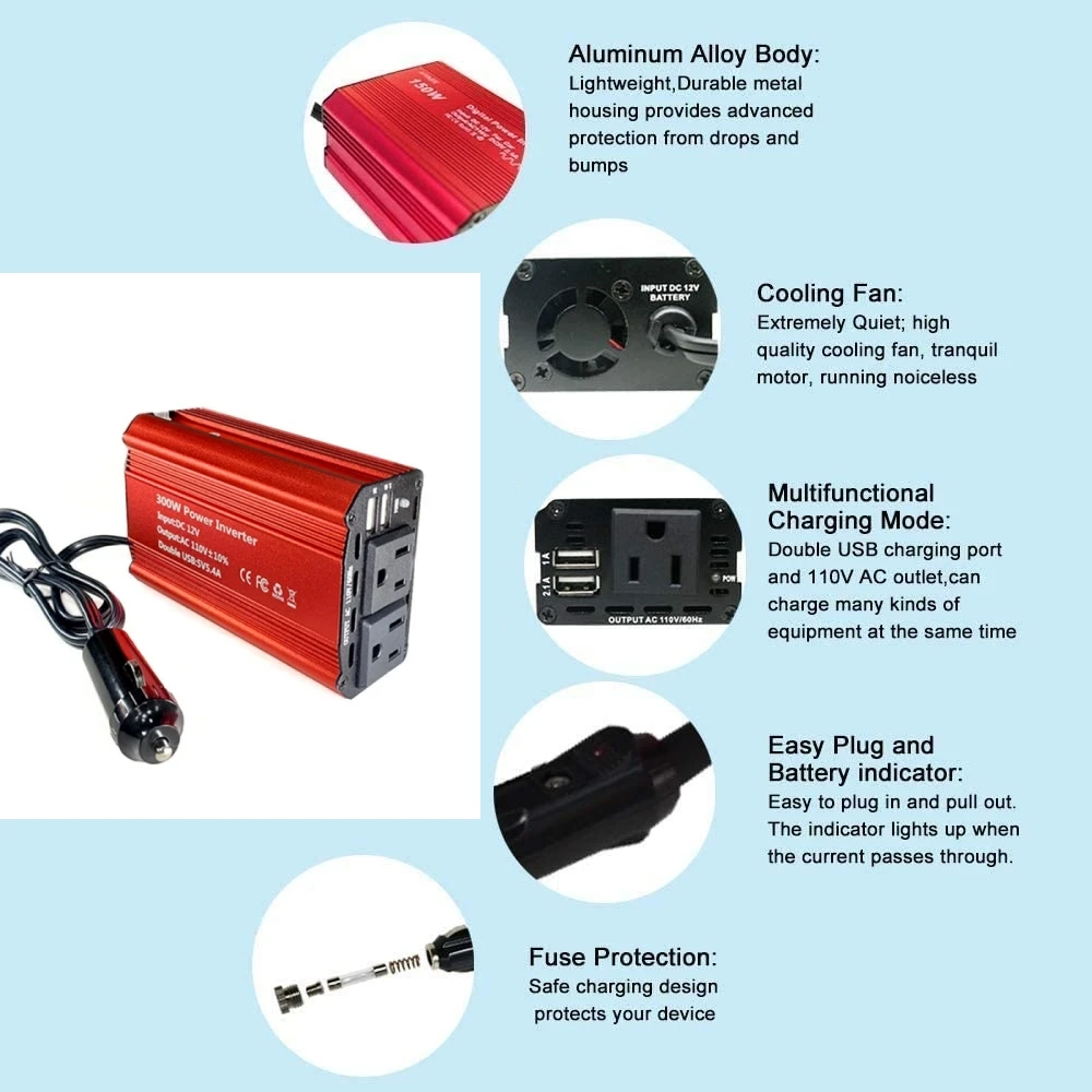 12V To 110V 300W Car Power Inverter US Socket Solar Inverter Dual USB Fast Charging Portable Converter for Phone Laptops Car