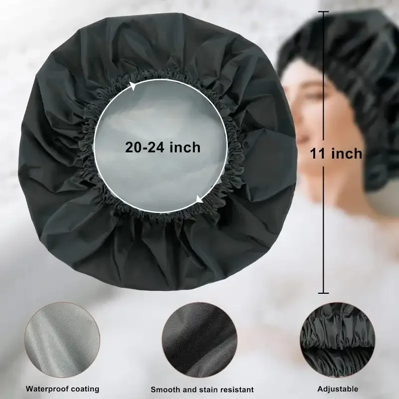 Reusable Shower Cap for Women, Large Waterproof Shower Bonnet Washable Elastic Band Bath Hair Hat for Long Hair, Braids(Black)