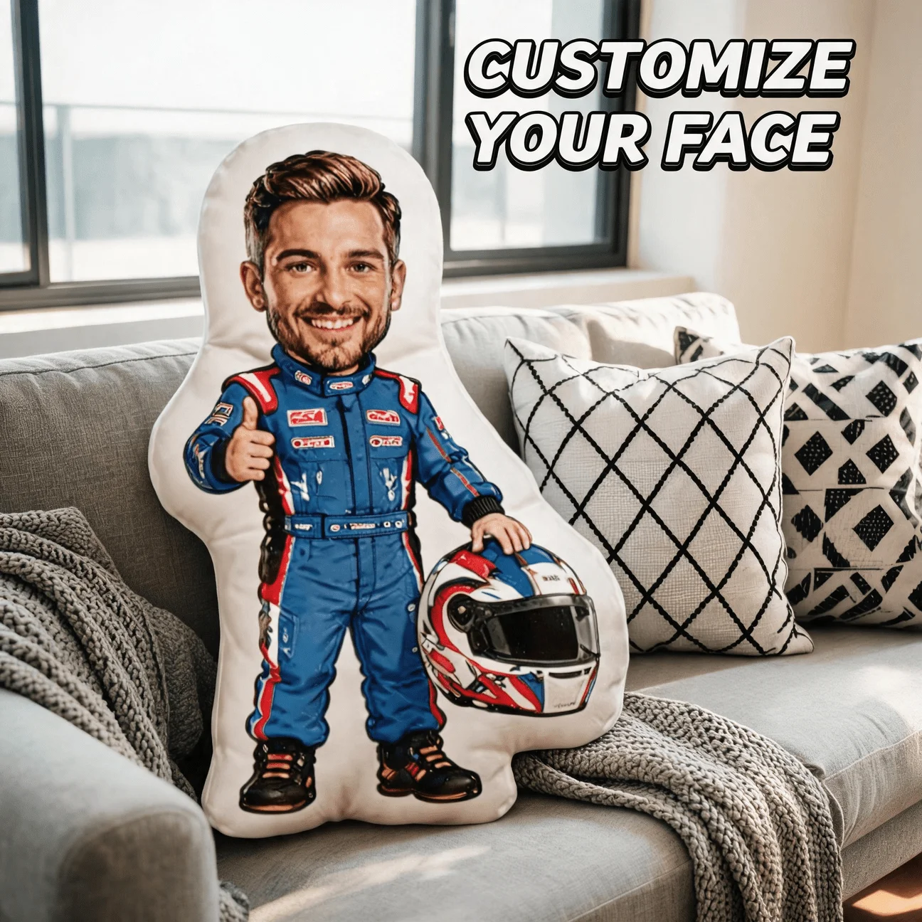 Custom Photo Racer Shaped Pillow, Personalized Blue Suit Driver Decorative Cushion, 70CM Home Decor Accent for Sofa & Bedroom, U