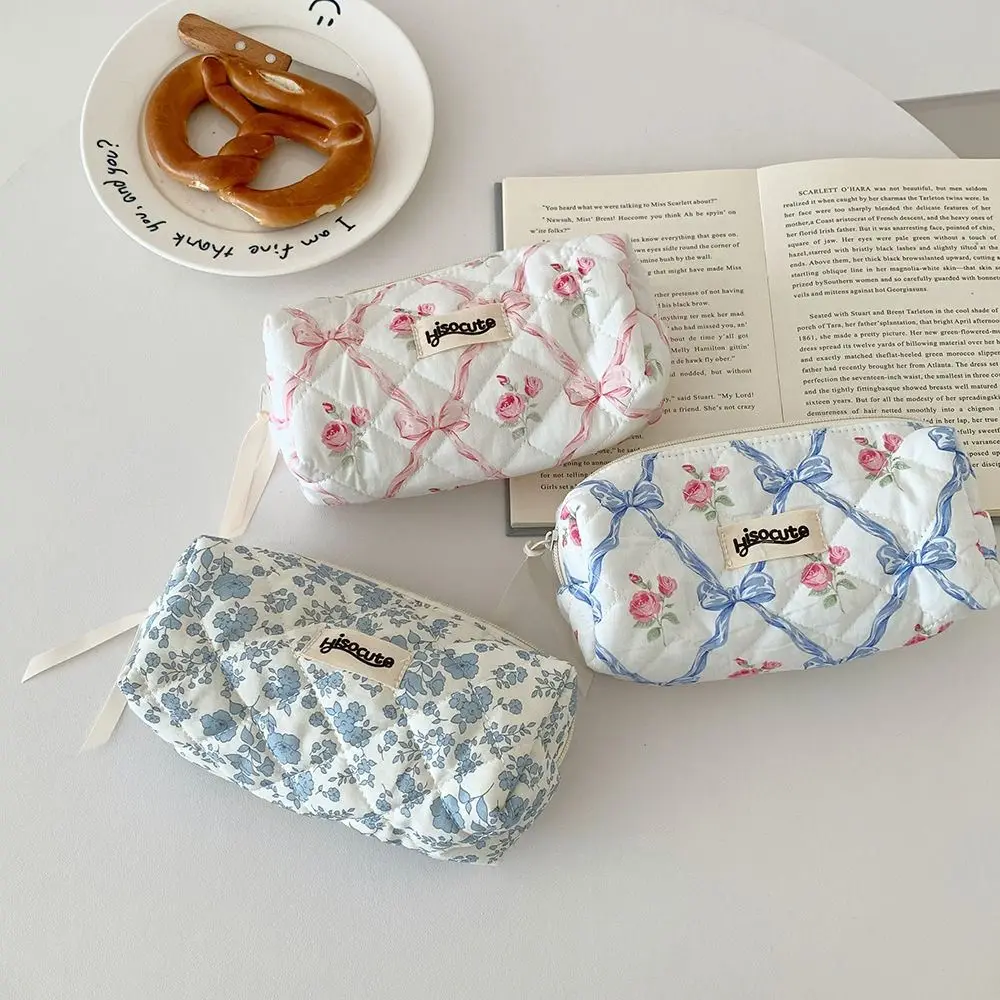 New Large Capacity Pen Bag Bowknot Multi-function Cosmetic Bag Floral Pencil Case Student