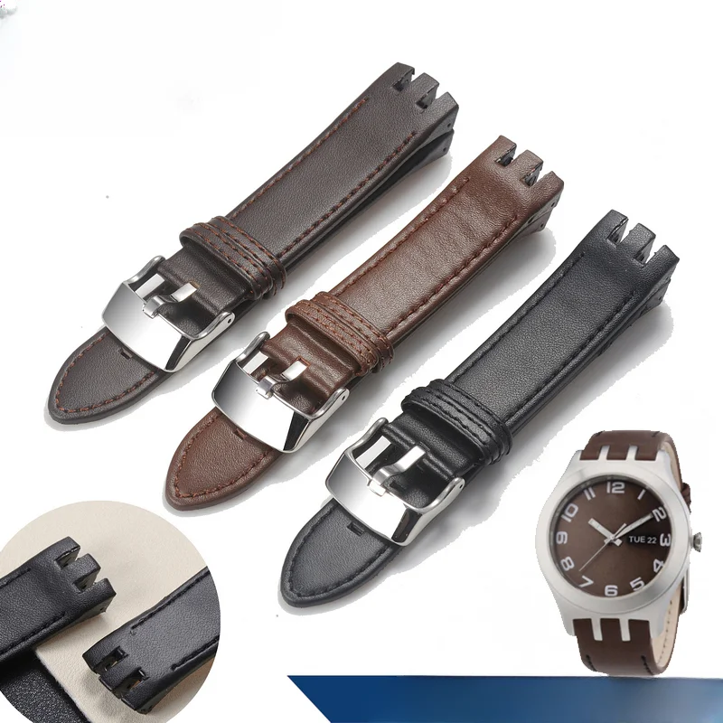 Waterproof Comfortable Genuine Leather Men's Watch Band for Swatch Yts401/402403g Convex 20mm Black Brown Butterfly buckle Wrist