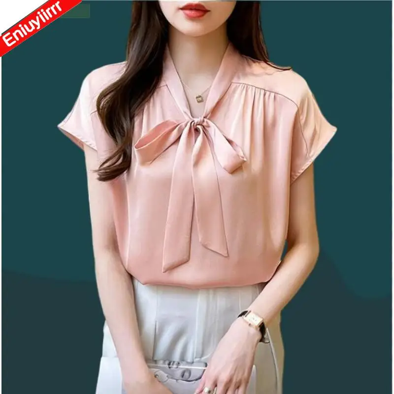 S-2XL Hot Sales 2023 Summer Elegant Office Lady Work Basic Bow Tie Shirts Casual Retro Vintage Pink Tops Blouses