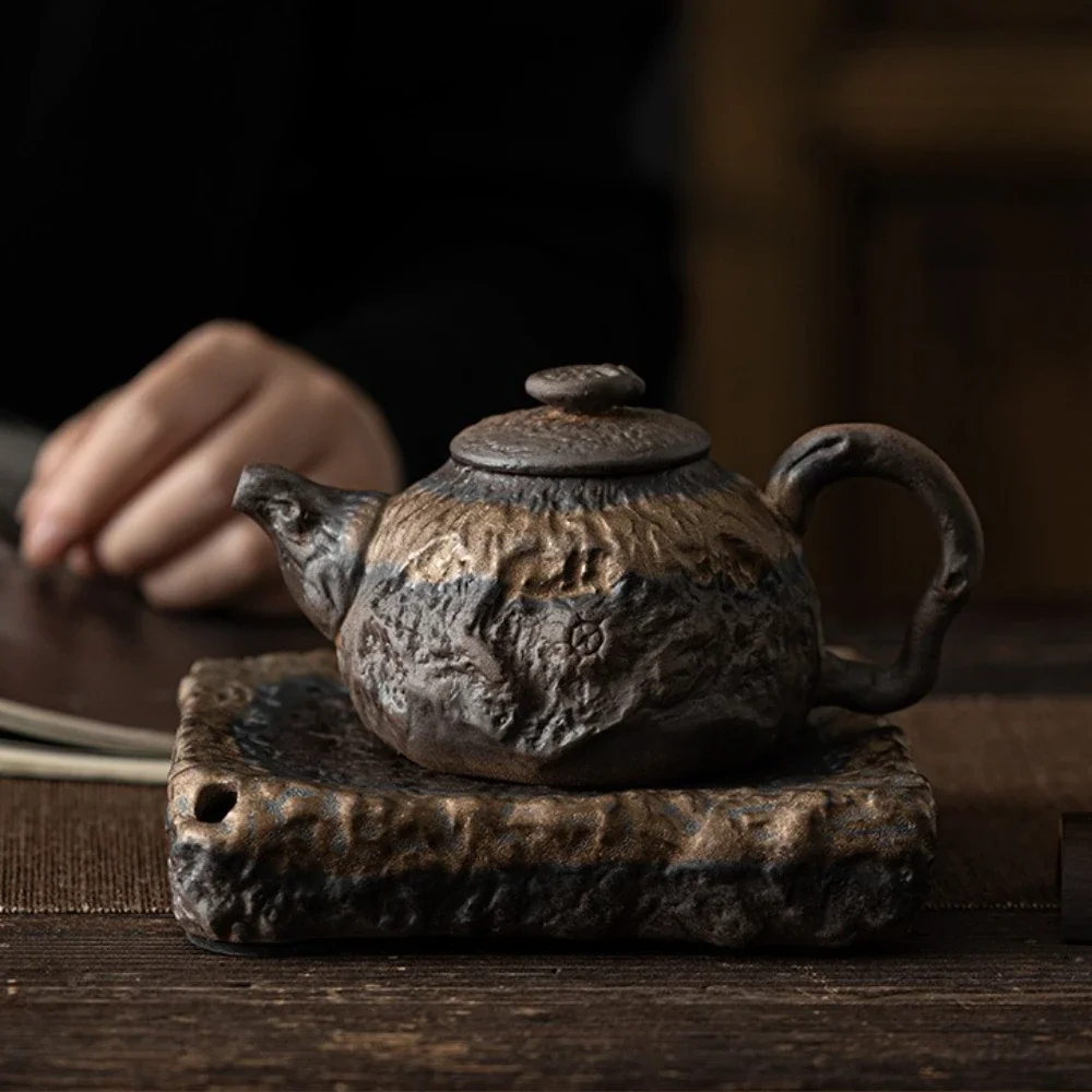 

1Pc 225ML Japanese-style Gilt Iron Glaze Withered Chan Positive Pot Ancient Burnt Handmade Coarse Pottery Teapot Small Tea Maker
