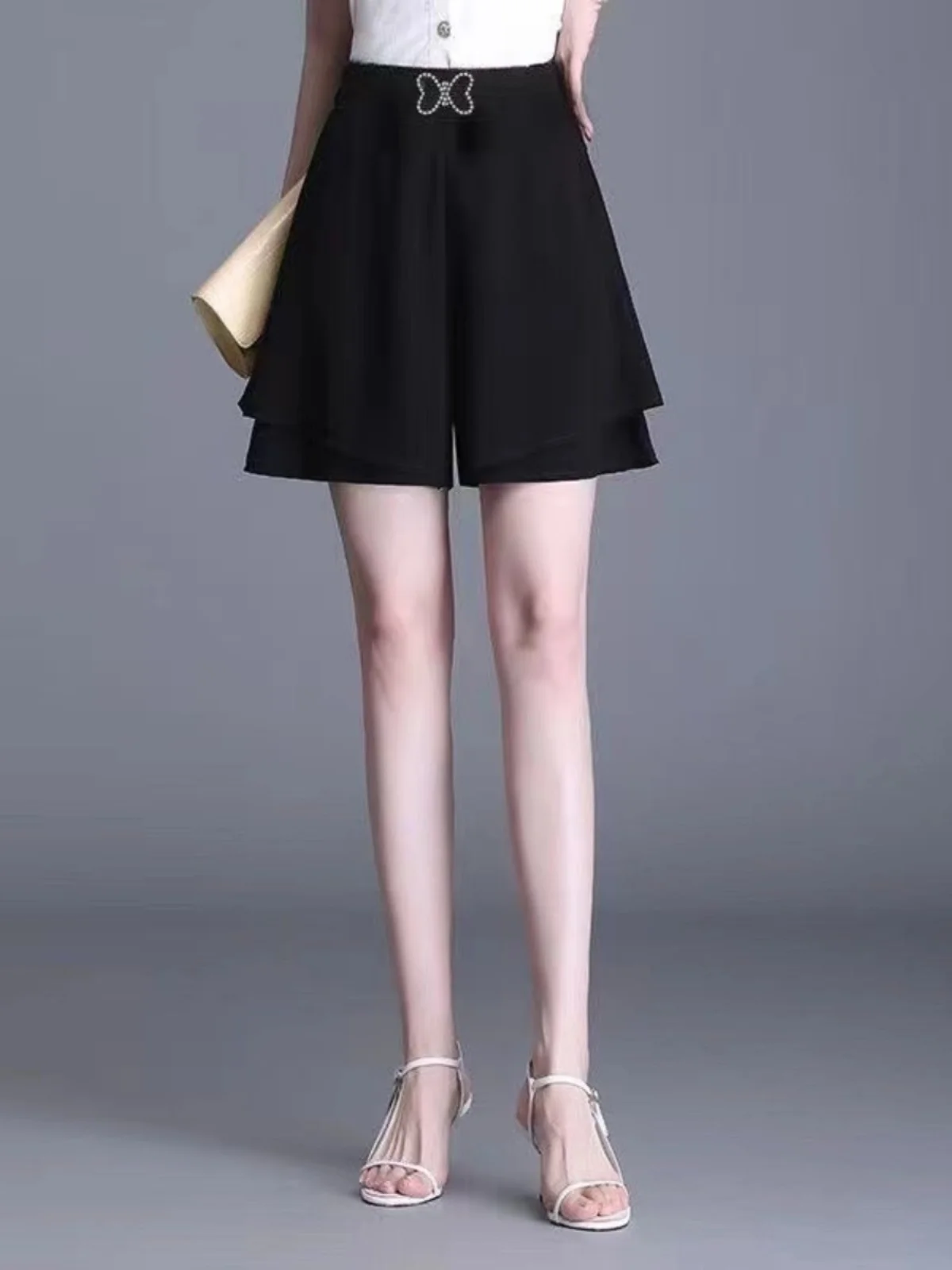 High Waist Wide Leg Pants Women's Chiffon Five-Quarter Length A-Line Double Layer Drapey Casual Shorts Skirt