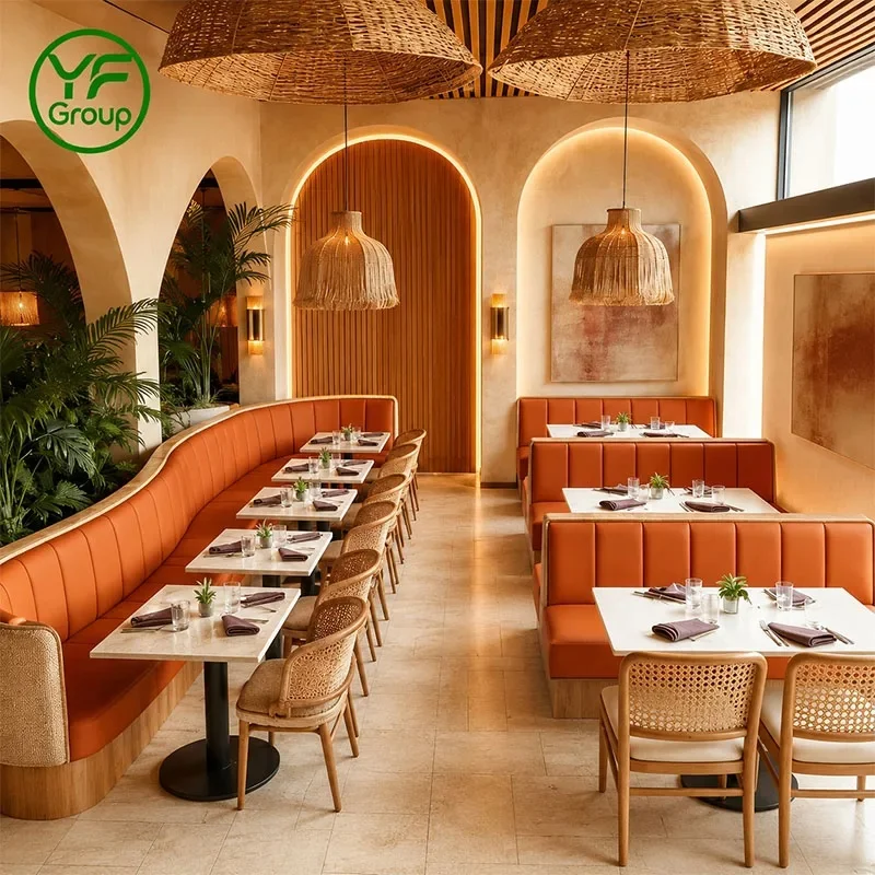 Commercial Use Corner Restaurant FurnitureTable Rattan Chair Set Cafe Hotel with Modern Wooden Velvet Booth Seating