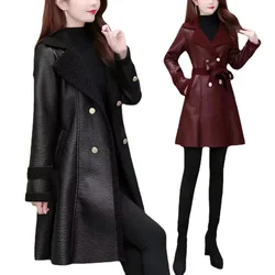 Jaqueta de couro grosso feminina, trench coat casual, trench solto, com renda para cima, pele sintética ocidentalizada, nova, outono e inverno