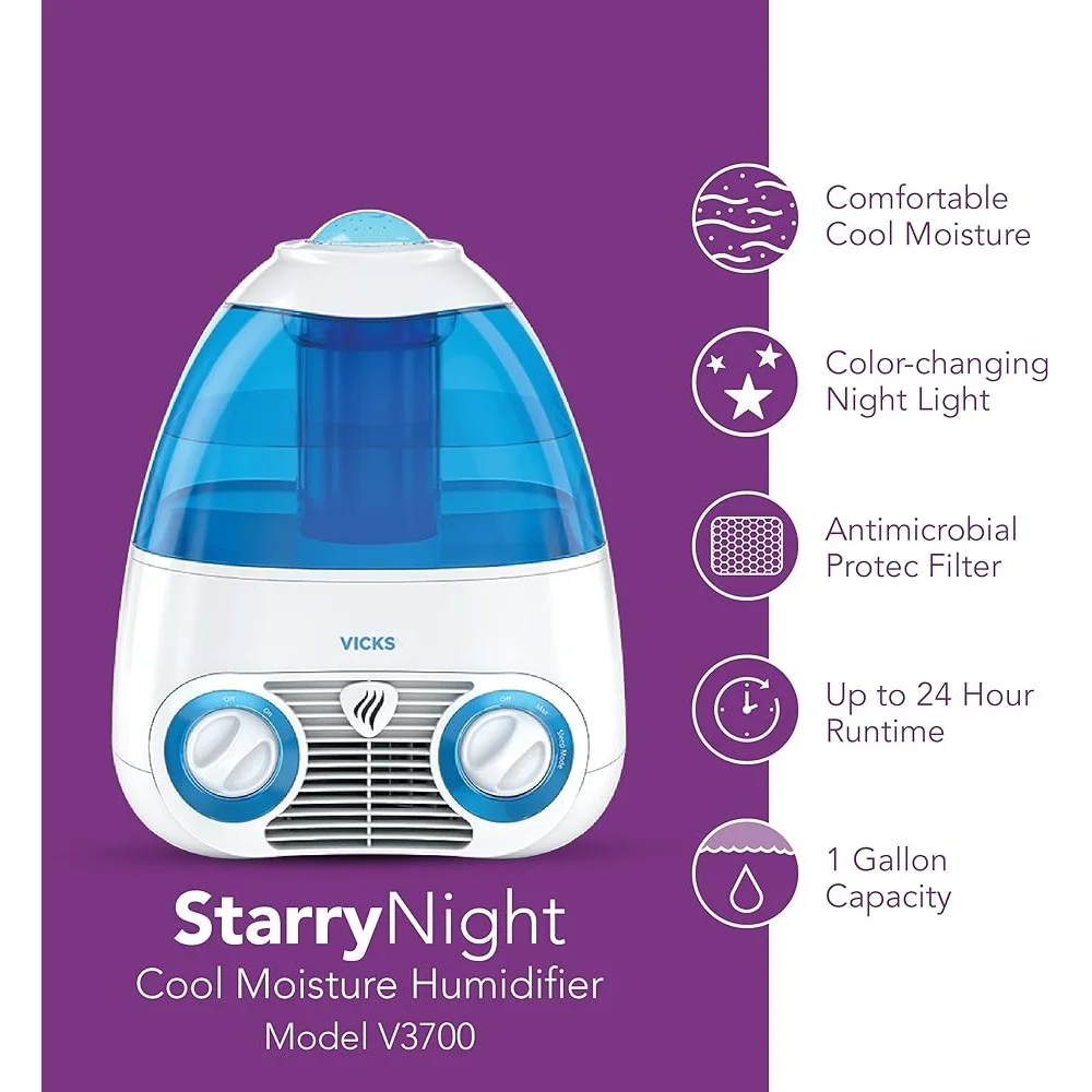 Starry Night Cool Mist Humidifier with Night Light Filtered Moisture Baby Kids Bedroom Allergy Relief Quiet Operation