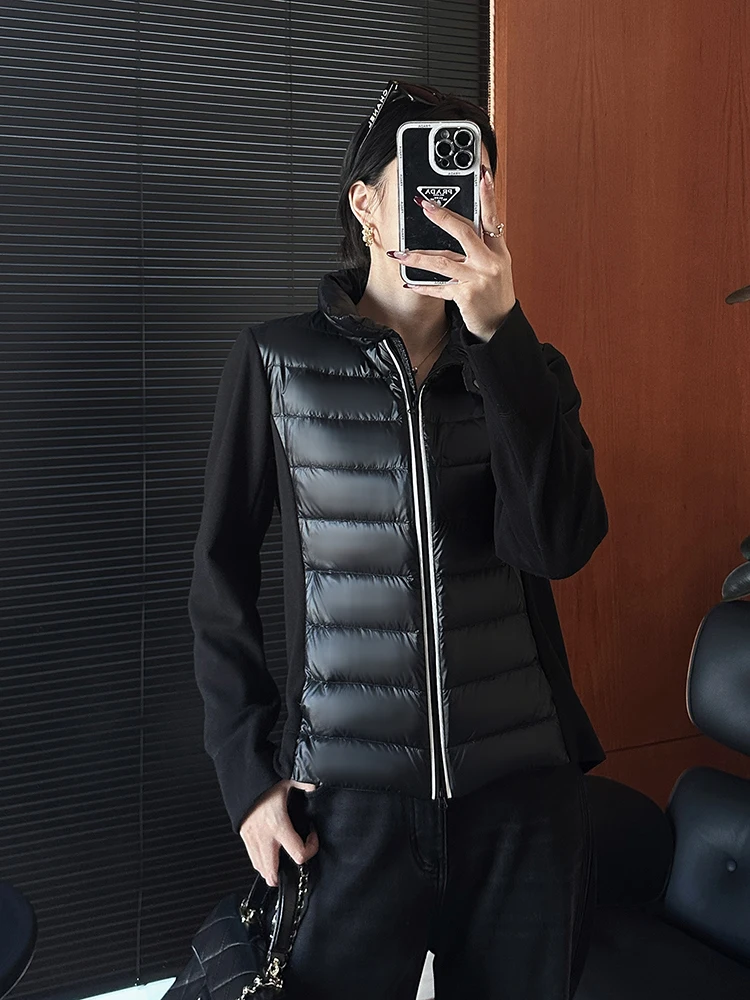 Manteau d'hiver mi-long pour femme MEQA3768, effet deux-pièces, col montant, mélange de fibres de vigne, 95% duvet, fermeture éclair, couleur unie