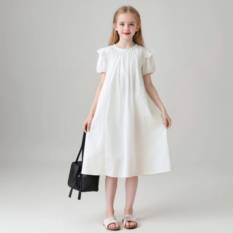 

Girls White Lace Dress Ruffle Puff Sleeve Loose Fit Midi Dress for Kids Boho Casual Summer Daily Wear Teen Girl Birthday Outfits