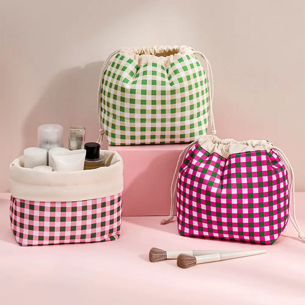 Plaid Pattern Drawstring Cosmetic Organizer Large Capacity Waterproof Plaid Drawstring Makeup Bag Lightweight Portable