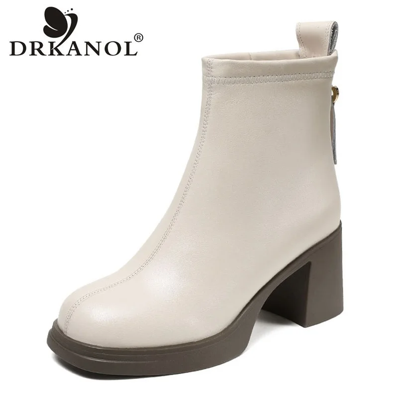 DRKANOL Women Winter Ankle Boots Thick High Heel 7cm Genuine Leather Back Zipper Concise Plush Warm Shoes Casual Short Boots