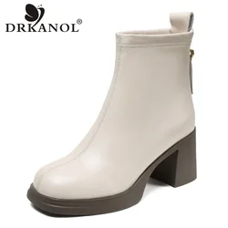 DRKANOL Women Winter Ankle Boots Thick High Heel 7cm Genuine Leather Back Zipper Concise Plush Warm Shoes Casual Short Boots