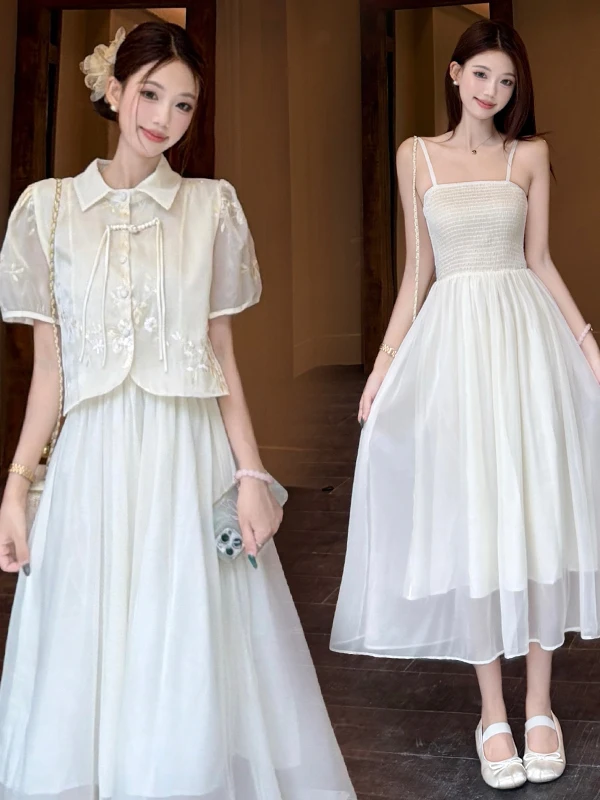 

New Chinese Style Loose Fit plus Size Set Dress with Button up Top And Strap Skirt Two Piece Set Summer Slimming Outfit
