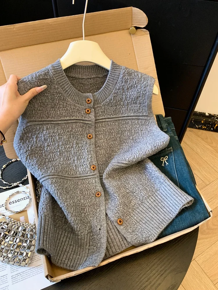 

Korean Sle round Ne Svel Knitted Open Cardigan Vest Women's Spring Anti Aging Versatile Top Luxury mat Design