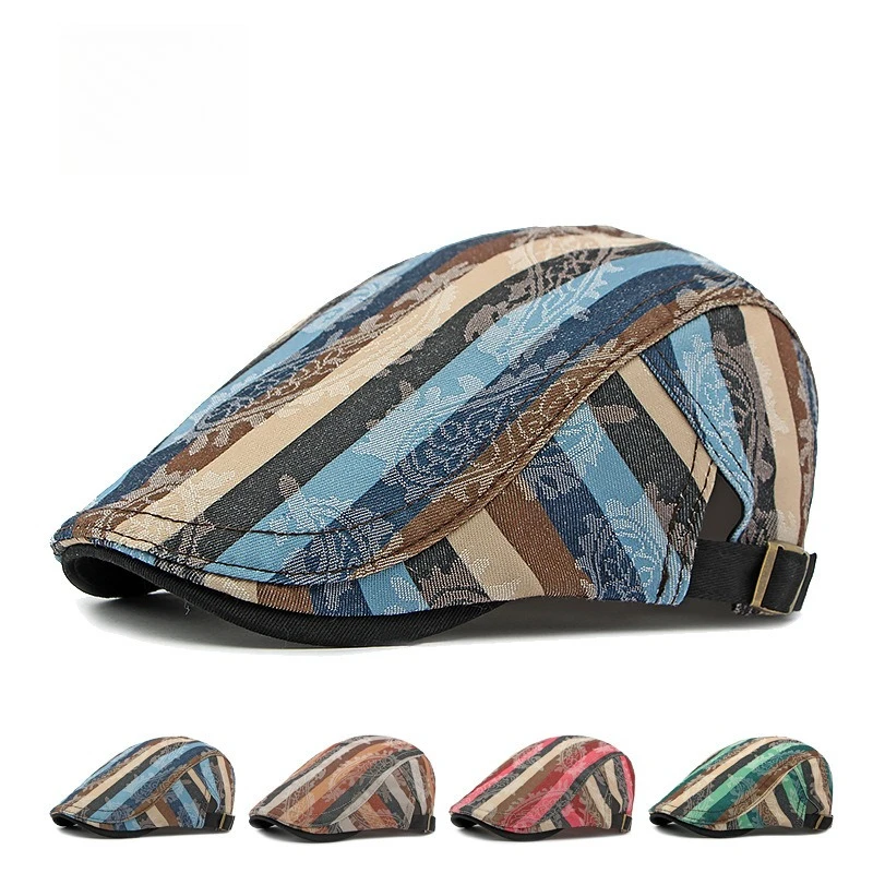 Vintage Striped Paisley Print Flat Cap Retro Color Block Ivy Newsboy Cap Strap Casual Soft Beret Hat for Men Outdoor Streetwear