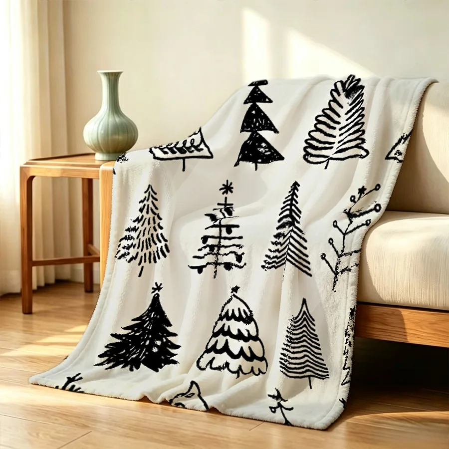 1PC hand-painted Christmas trees pattern flannel blanket, black line 2D single-sided printed holiday sofa bed decorative blanket