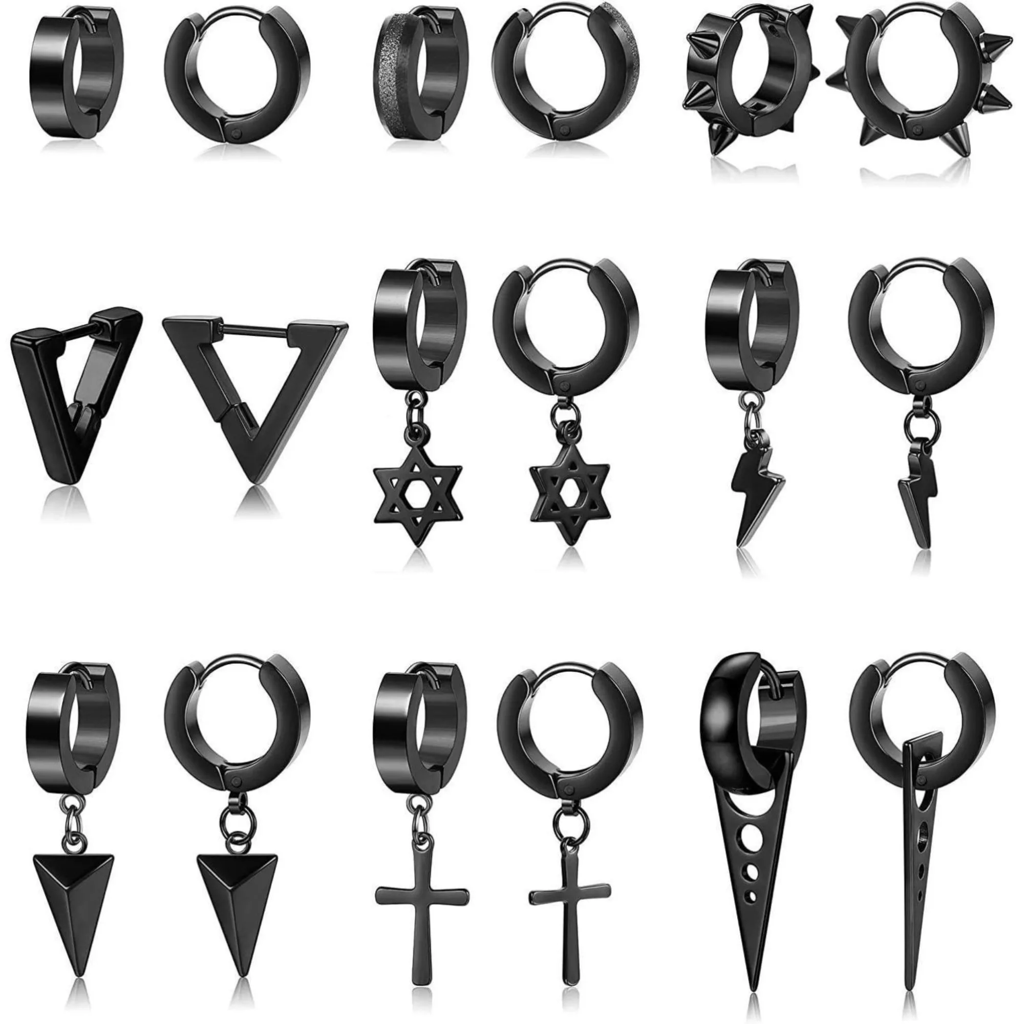 9Pairs Gothic Cross Earrings for Men Women Stainless Steel Punk Hoop Small Black Kpop Huggie Earrings Set Triangle Hinged Hoop