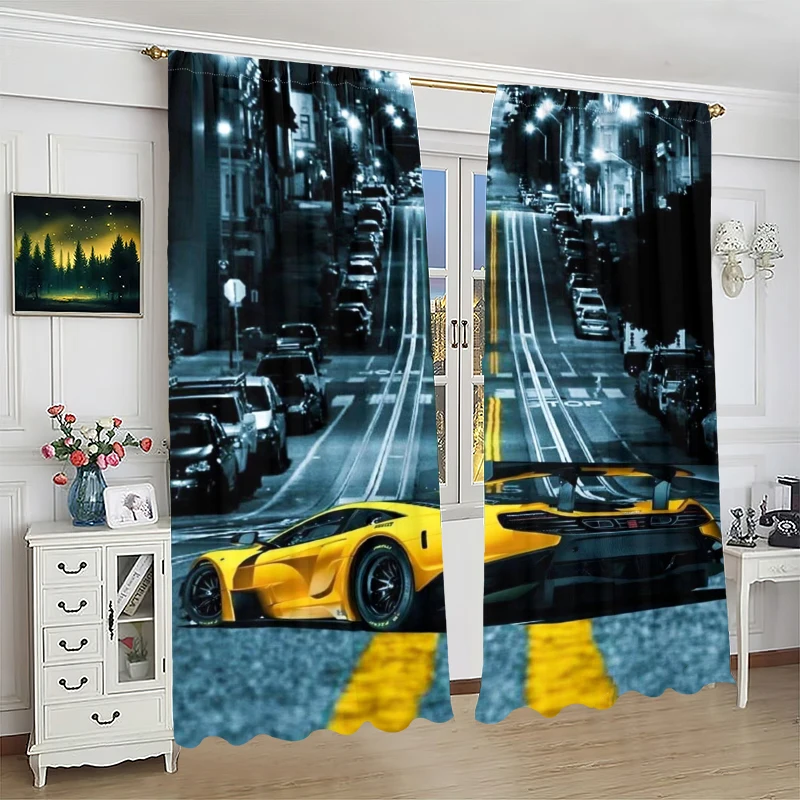 2Pcs- Street supercar - Printed curtain -100% polyester material, suitable for bedroom curtains and living room decoration;