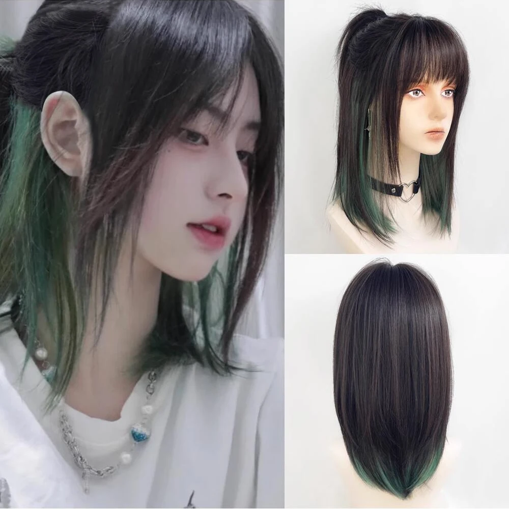 

Короткий прямой синтетический черный многослойный парик с омбре и челкой, пушистый парик Лолиты для косплея для повседневной вечеринки