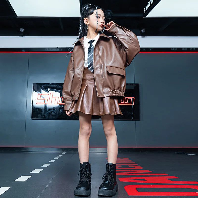 Kid Cool Hip Hop Clothing Brown PU Leather Bomber Jacket Coat Top Pleated Street Mini Skirt for Girl Jazz Dance Costume Clothes