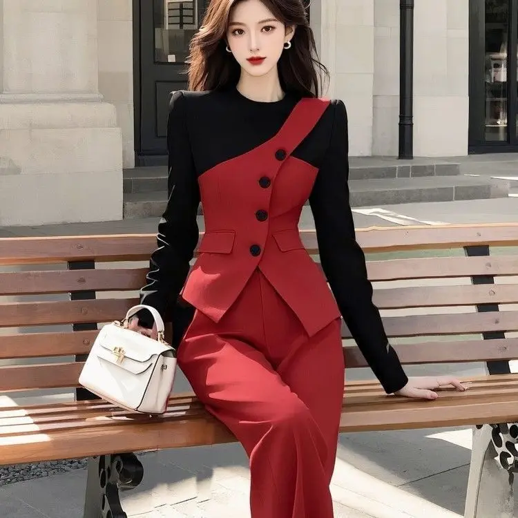 New High End Contrast Color Autumn Women's Two Piece Set Fashion Office Lady Long Sleeve Patchwork Blazer + Straight Pants Suit