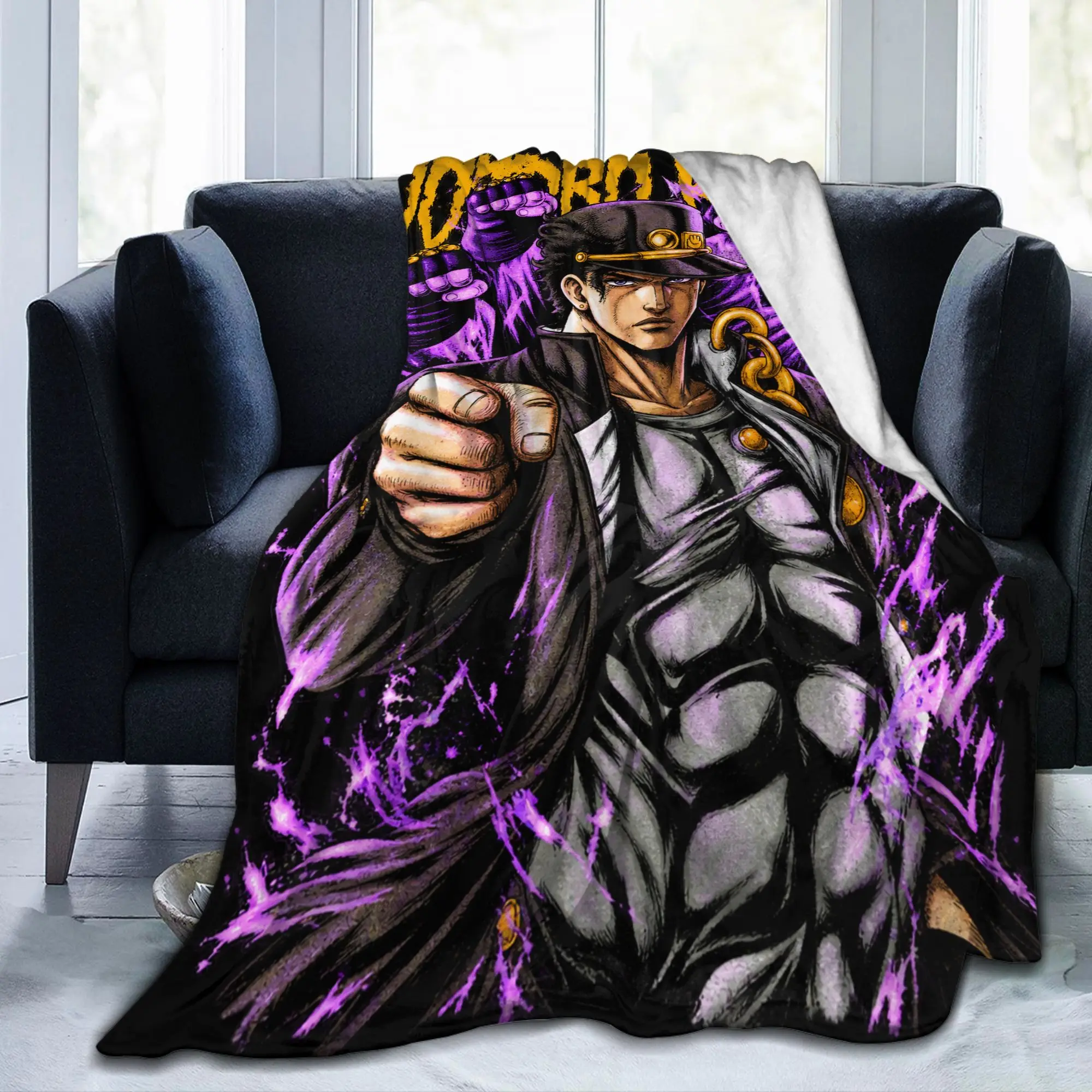 Jojo's Bizarre Adventure Jotaro Kujo Purple Blankets Super Warm Plush Throw Blanket For Bedroom Flannel Bedspread Bed Cover