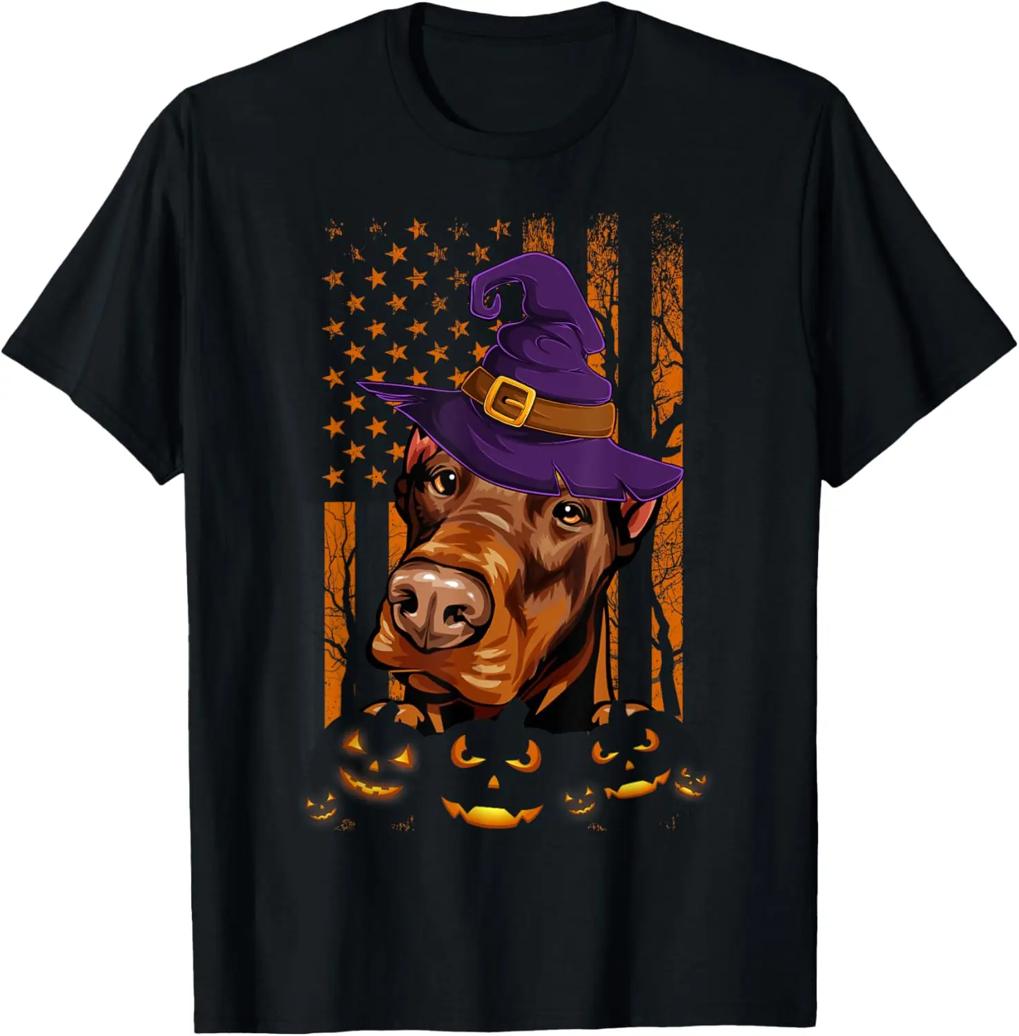 Doberman Witch American USA Flag Funny Halloween Dog Lover T-Shirt