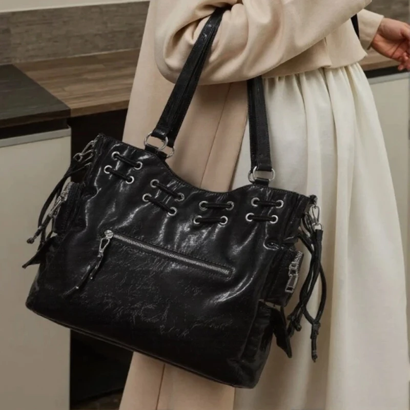 

SHELKSBAG Japanese Harajuku Style Pu Leather Studded String Large Handbag Course Shoulder Bag Women's Bag Y2k Cool Moto Hand Bag