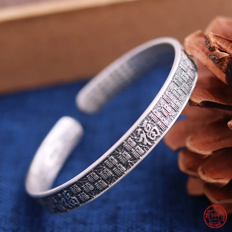 

S999 Sterling Silver Bracelets for Women Men Heart Sutra Chinese Fu Letter Emboss Bangle Pure Argentum Jewelry Wholesale