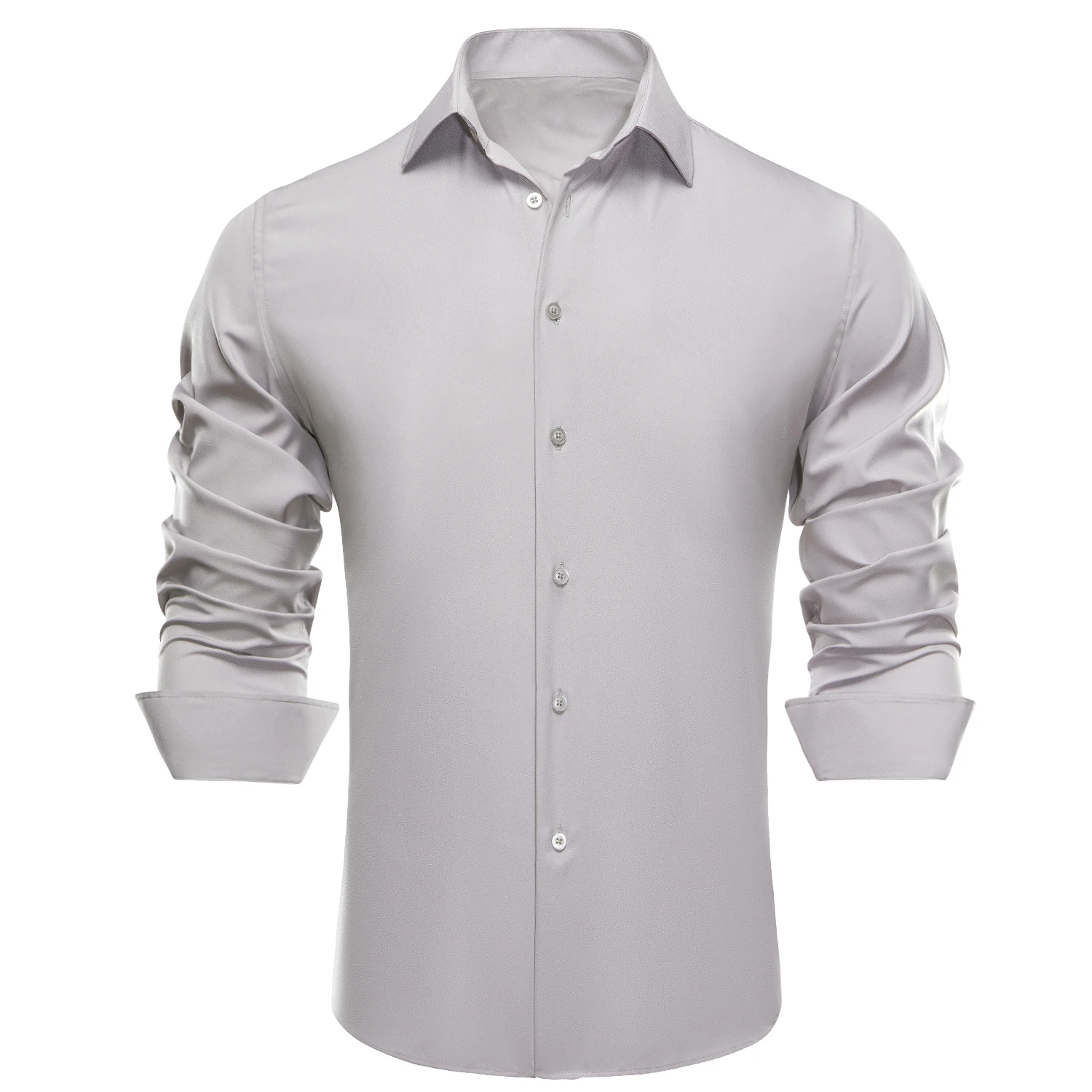 Hi-Tie Men\'s Silk Shirt Spring Autumn Long Sleeve Turndown-Collar Dress Shirt Business Formal Party Wedding Grey Silvery White