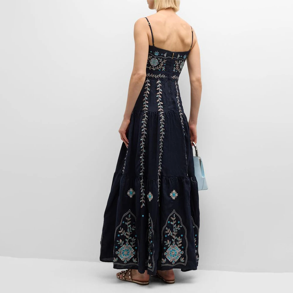 VGH Afternoon Tea Black Floral Embroidered Sundresses for Women Square Collar Sleeveless Tiered Maxi Skirt for Romantic Dates view 4
