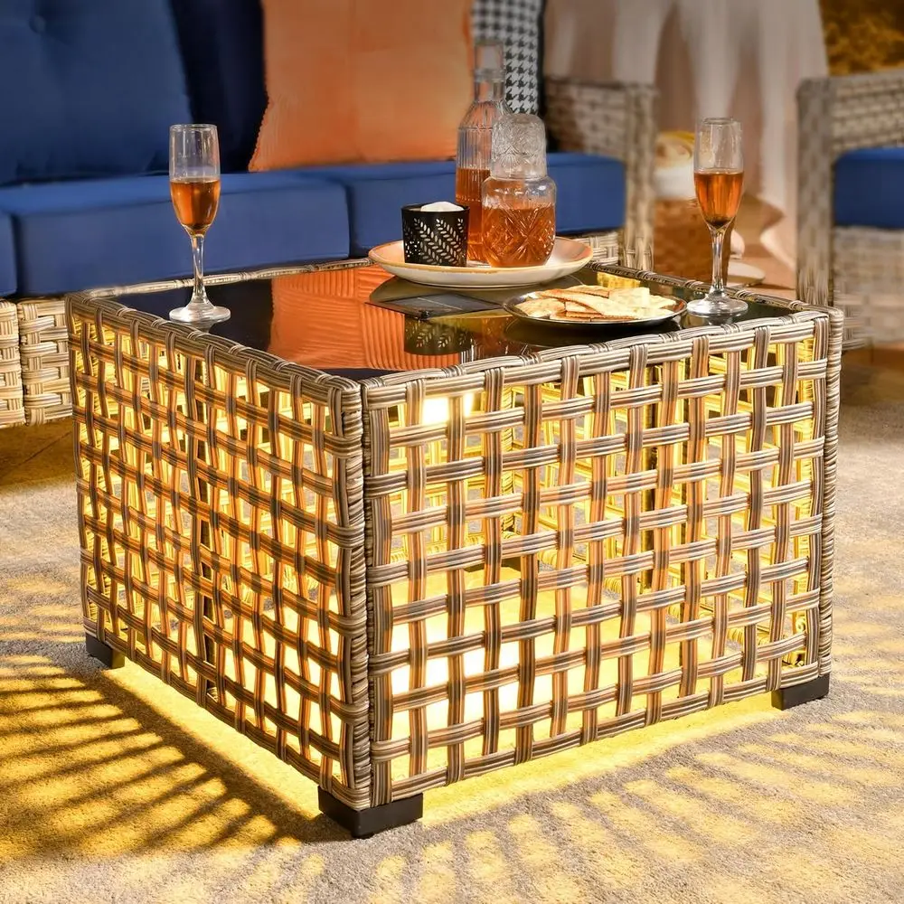 

Светильник-столик для патио со светодиодной подсветкой, уличный кофейный столик из ротанга, всепогодный устойчивый к непогоде приставной столик-фонарь из ротанга для террасы, соответствующая мебельная коллекция