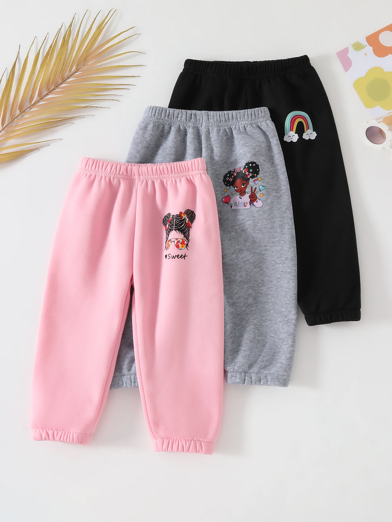 Cute Autumn and Winter Baby Girl Casual Thickened Plush Long Pants, 3-Piece Set in Black, Pink, and Gray