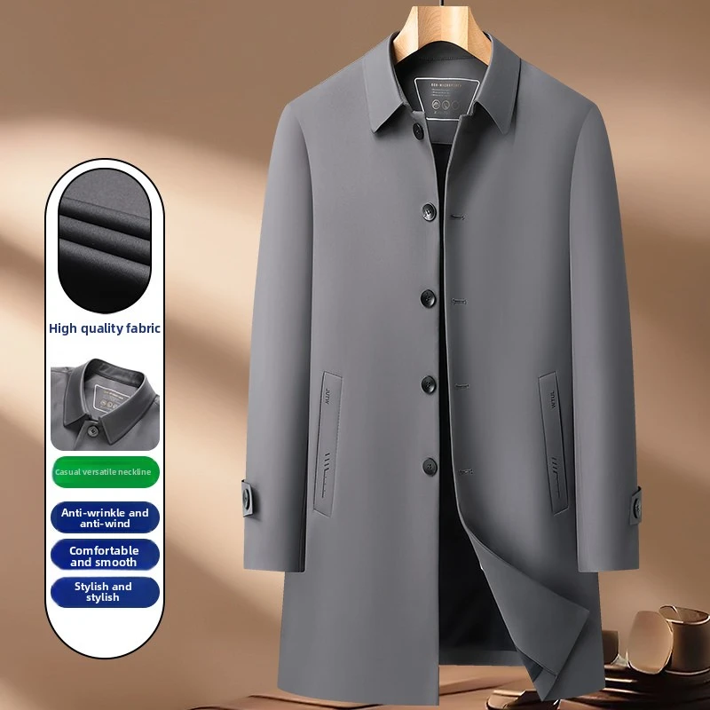 Men's Mid Length Turn Down Collar Button Up Trench Coat, Wrinkle Resistant Windproof Polyester Plaid Lined Business Casual Outer