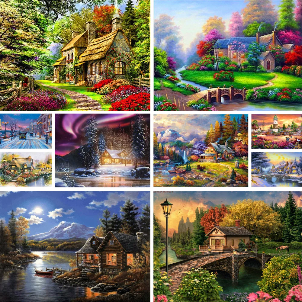 Landschaft Landschaft Haus gedruckt Leinwand Kreuzstich Stickerei Set Handwerk Handarbeiten Nähen handgemachte Zahnseide Großhandel Nadel