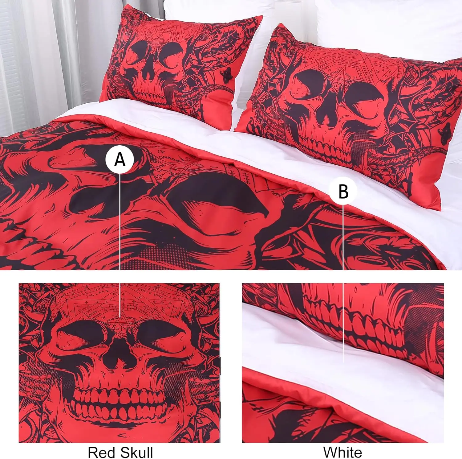 

Red Skull Duvet Cover Gothic 3D Tattoo Printed Bedding Set 3Pcs Halloween Microfiber Quilt Cover with Zipper Ties + 2pillowcases