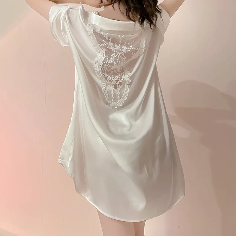 Sexy Lace Shirt Nightdress Hollow Back Women Sleepwear Loose Home Dress Silky Satin Nightshirt Turn Down Collar Loungewear