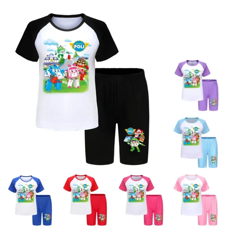 Robocar Poli الأطفال منامة مجموعة ملابس المنزل تي شيرت السراويل 2 قطعة RobocarPoli الكرتون أنيمي منخفضة الخصر الفتيان الفتيات الملابس #1