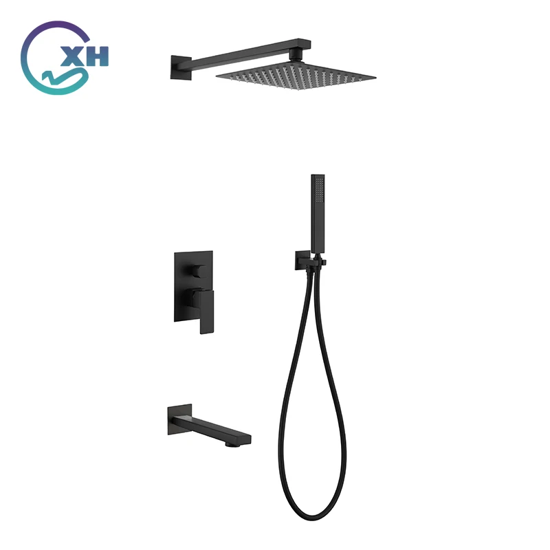 Gun Gray Bath Gunmetal Shower Set Brass Head Luxury Combo Wall-Mount Arm Hot And Cold Mixer Diverter Bathroom Faucet