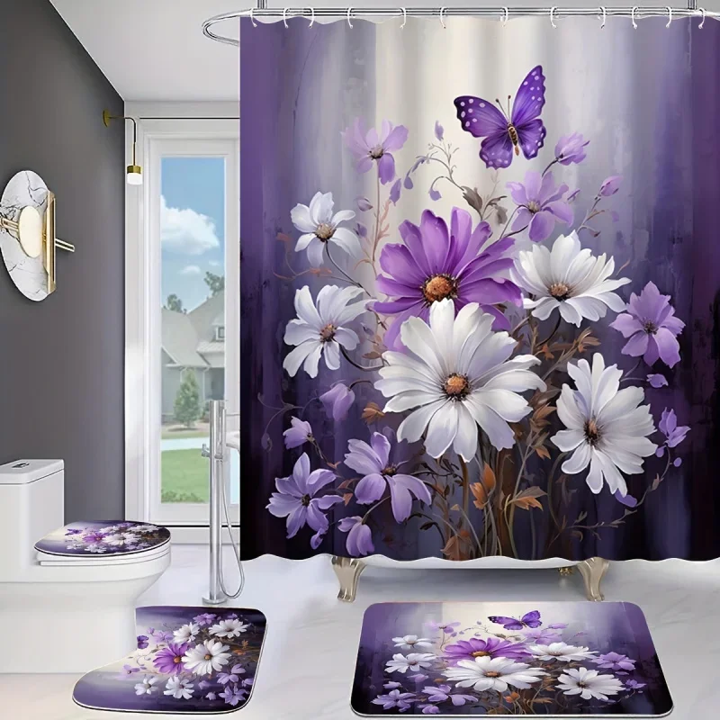 

4PCs small fresh purple floral print shower curtain set, decorative bathroom set includes waterproof shower curtain, non-slip