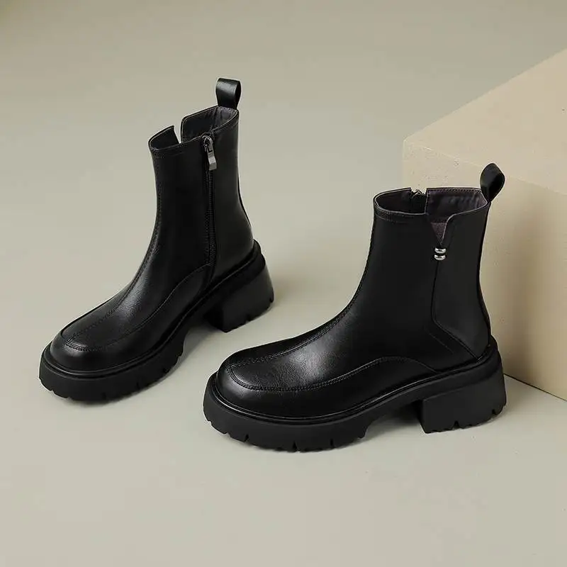 Krazing Pot 2024 Cow Leather Round Toe Thick Heels Winter Warm Fashion Chelsea Boots Slip On British School Platform Ankle Boots