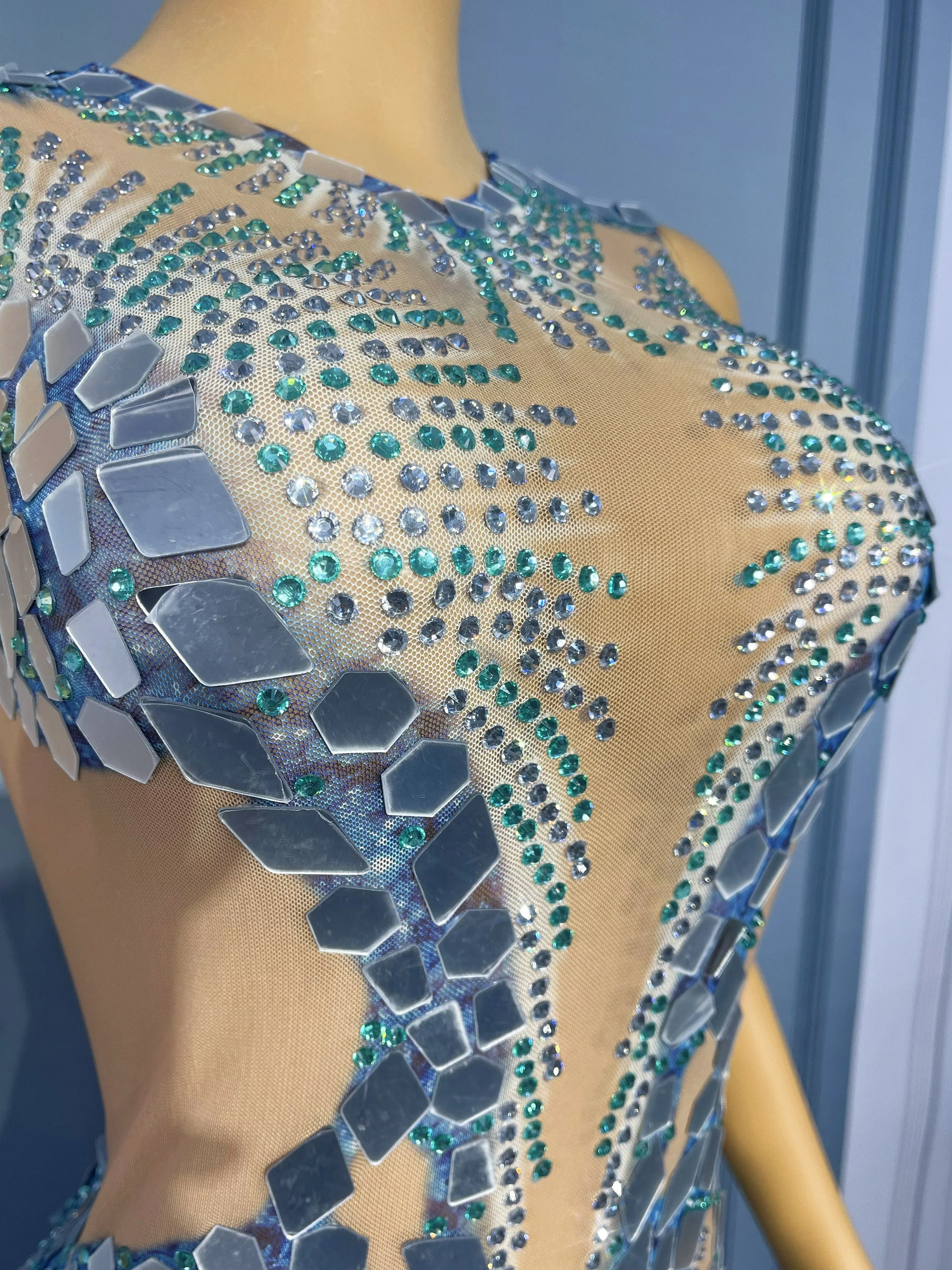 Nieuwe Shining Spiegels Steentjes Transparante Mesh Lange Avondjurk Vrouwen Cocktail party Jurk Rode loper Show Outfit Shuilanhua