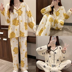 2PCS/Set Women Spring and Autumn Thin Long-Sleeved Pajamas 2024 Cute Cartoon Bear Cardigan Loose Button Homewear Ladies Clothes