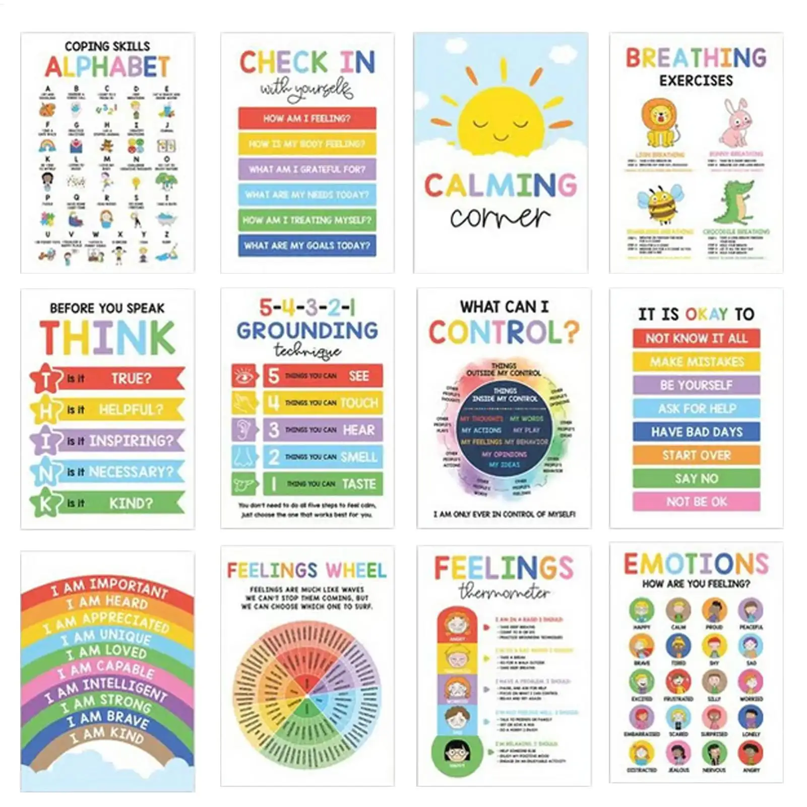 12pcs Mental Health Psychology Coping Skills Poster Kids Calming Corner Posters Classroom Emotions Painting Wall Art Picture