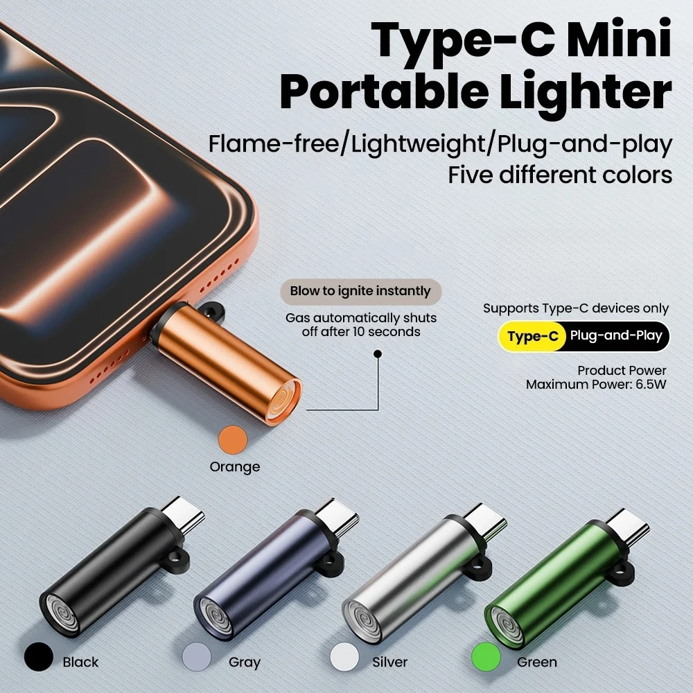 Type-C Mini Electric Lighter, Blow Activated Ignition with Auto Power Off, Safe Portable USB-C Igniter Designed for Outdoor Use