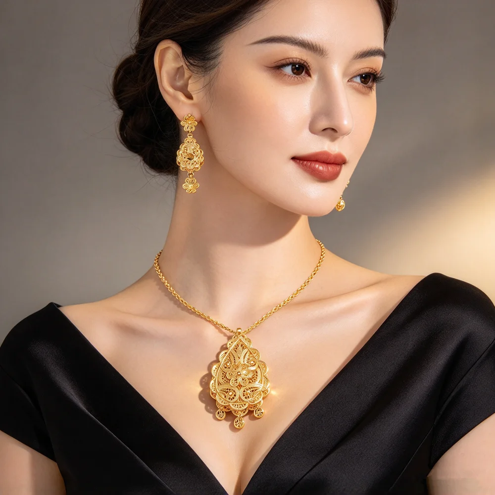 Ladies Gold Plated Necklace And Earrings Set Double Layer Hollow Pendant Middle East Wedding Party Gift Jewelry